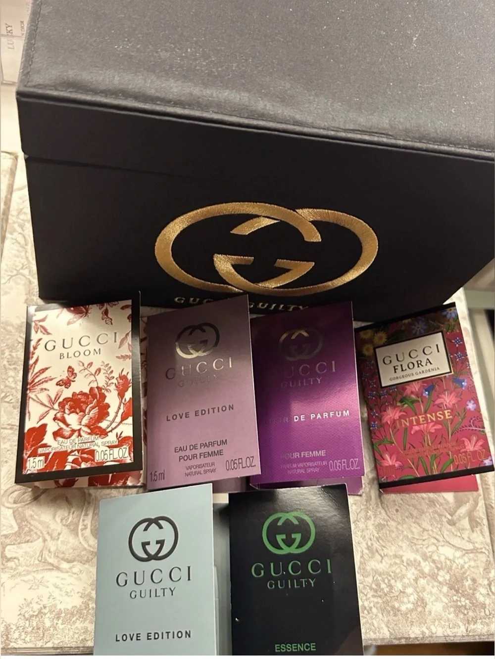 Gucci Black Gold Lined Luxury Fabric Box 🤩STUNNING🖤+6 Gucci Perfumes 1.5ml